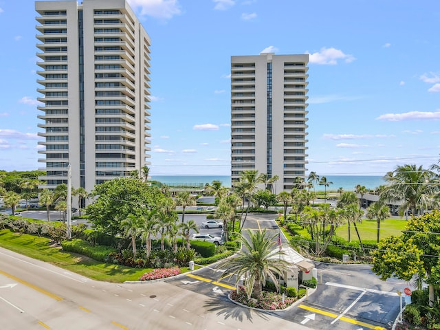 view of building exterior with a water view