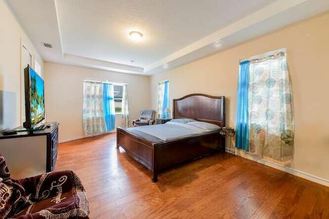 bedroom featuring a tray ceiling and hardwood / wood-style flooring