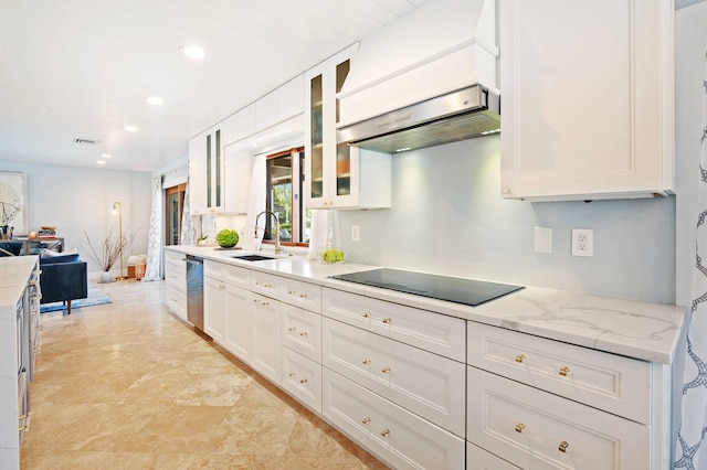 kitchen featuring light tile patterned flooring, stainless steel dishwasher, white cabinetry, premium range hood, and black electric stovetop