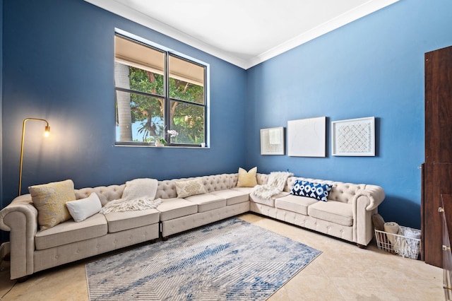 tiled living room with crown molding