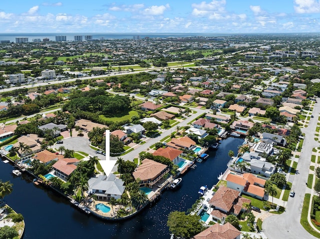 drone / aerial view featuring a water view