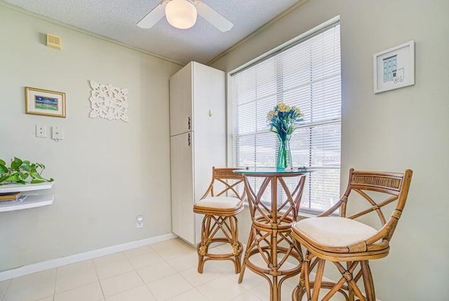 living area with ceiling fan and a textured ceiling