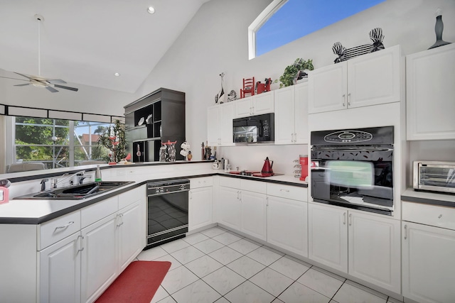 kitchen featuring white cabinets, black appliances, sink, and ceiling fan