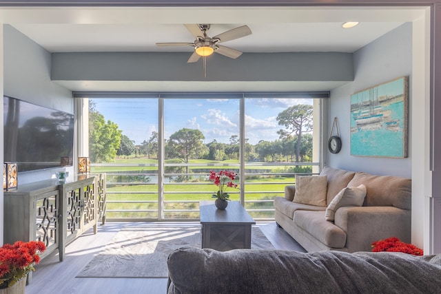 living room with ceiling fan and hardwood / wood-style floors