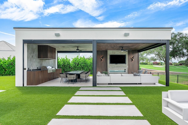 exterior space featuring a grill, an outdoor bar, outdoor lounge area, and ceiling fan