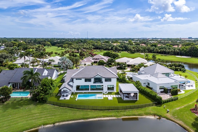 bird's eye view with a water view