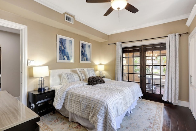 bedroom with wood-type flooring, access to outside, crown molding, ceiling fan, and french doors