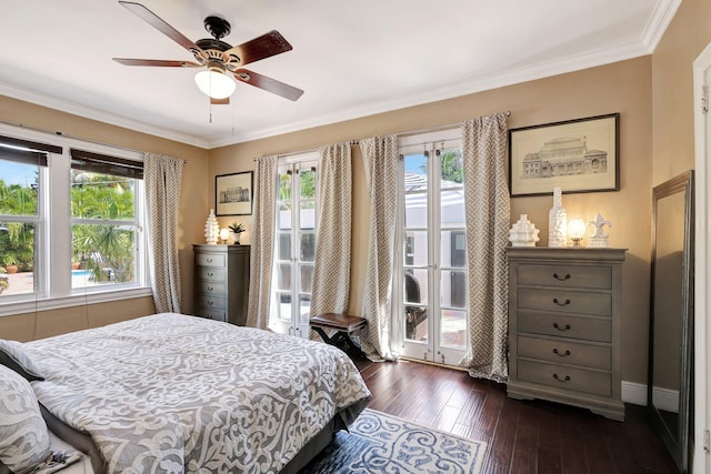 bedroom with ceiling fan, access to exterior, dark wood-type flooring, and crown molding