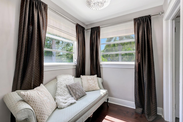 sitting room with dark wood-type flooring