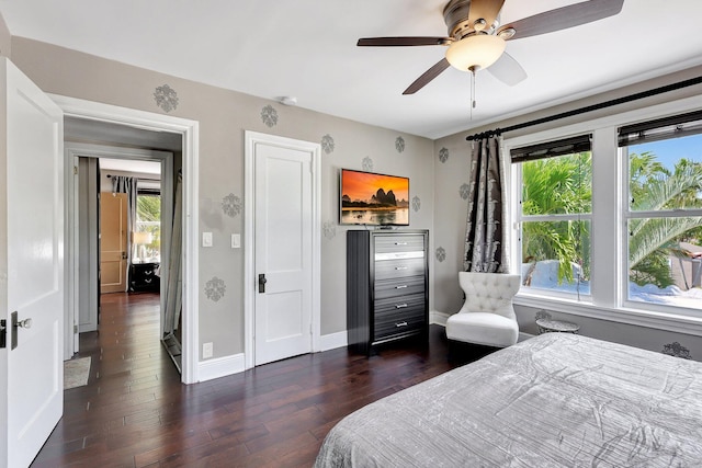 bedroom with ceiling fan, dark wood-type flooring, and multiple windows