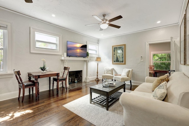 living room featuring crown molding, dark wood-type flooring, and ceiling fan