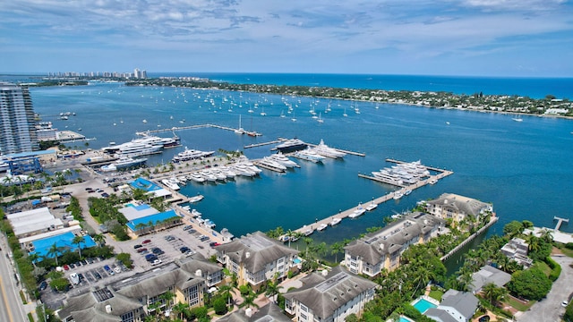 aerial view featuring a water view