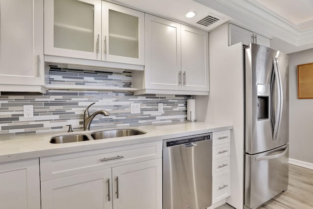 kitchen featuring stainless steel appliances, decorative backsplash, white cabinets, light wood-type flooring, and sink