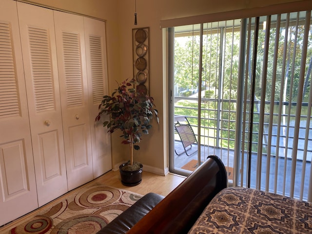 bedroom featuring access to outside, light hardwood / wood-style flooring, and a closet