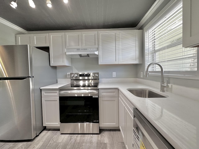 kitchen featuring appliances with stainless steel finishes, white cabinets, a sink, and under cabinet range hood