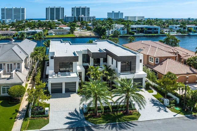 drone / aerial view with a water view