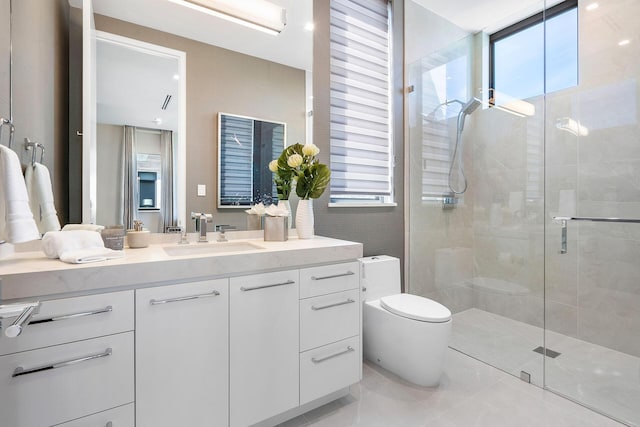 bathroom featuring vanity, an enclosed shower, tile patterned flooring, and toilet