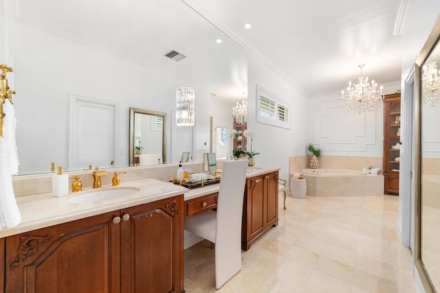 bathroom featuring tile patterned floors, vanity, ornamental molding, and tiled bath