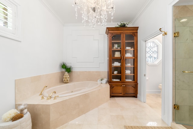 bathroom with crown molding, tile patterned floors, toilet, independent shower and bath, and a chandelier