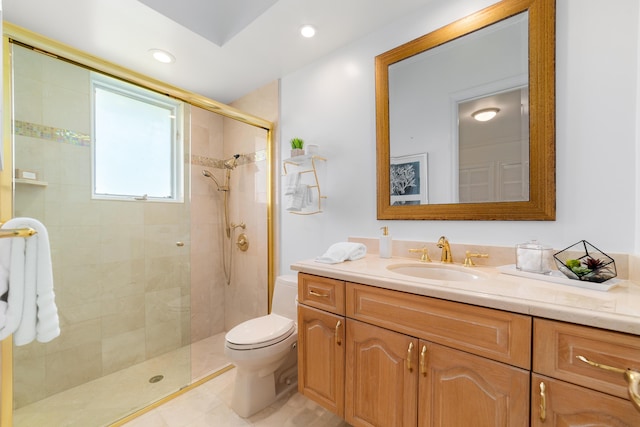 bathroom featuring vanity, toilet, tile patterned flooring, and a shower with door