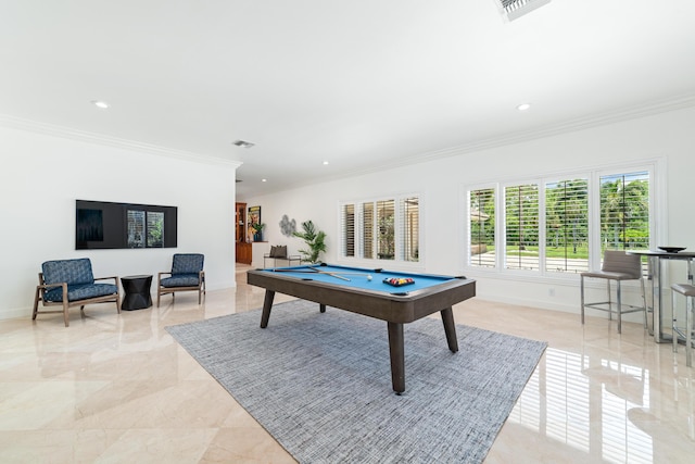 game room featuring crown molding and billiards