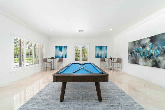 playroom with pool table, light tile patterned floors, and crown molding