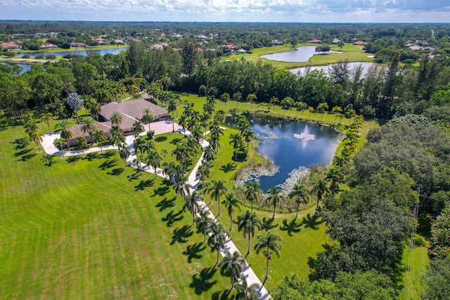 bird's eye view with a water view