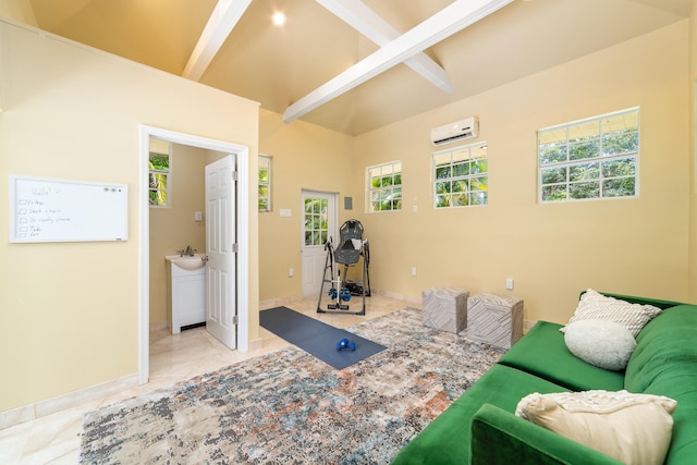 home office with a wall mounted AC, light tile patterned flooring, and lofted ceiling with beams