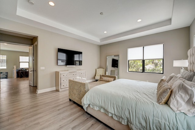 bedroom with light hardwood / wood-style floors and a raised ceiling