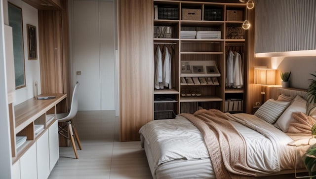 bedroom with light tile patterned flooring and a closet