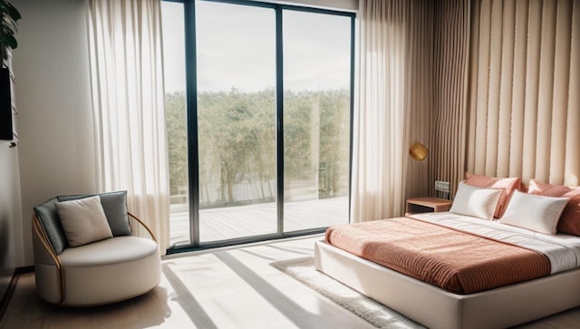 bedroom featuring wood-type flooring, multiple windows, and access to exterior