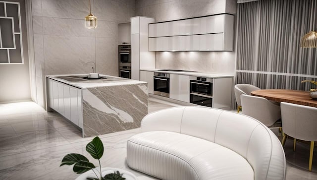 kitchen featuring stainless steel double oven, electric stovetop, wall chimney range hood, pendant lighting, and light tile patterned flooring