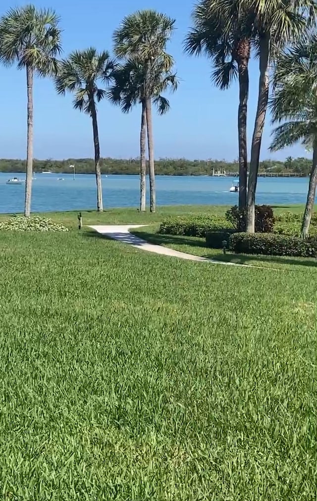 view of property's community featuring a water view and a yard