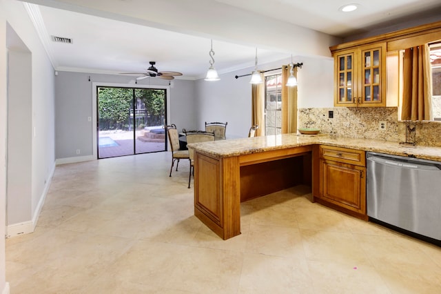 kitchen with ceiling fan, hanging light fixtures, dishwasher, light stone counters, and kitchen peninsula