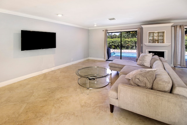 living room featuring light tile patterned flooring and ornamental molding