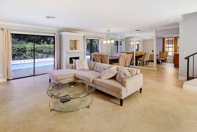 living room featuring light tile patterned flooring and crown molding