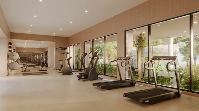 exercise room with concrete floors