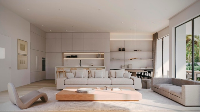 living room with sink and light wood-type flooring