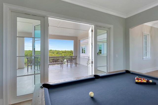 recreation room with ornamental molding and pool table