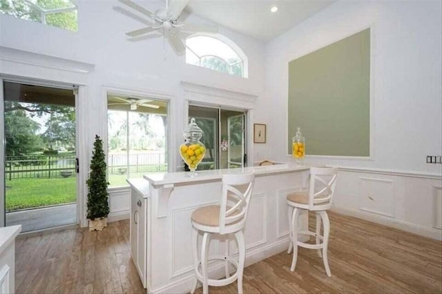 kitchen featuring white cabinetry, light hardwood / wood-style floors, and ceiling fan