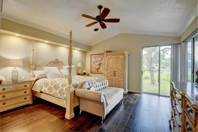 bedroom with hardwood / wood-style flooring, vaulted ceiling, access to outside, ceiling fan, and ornamental molding