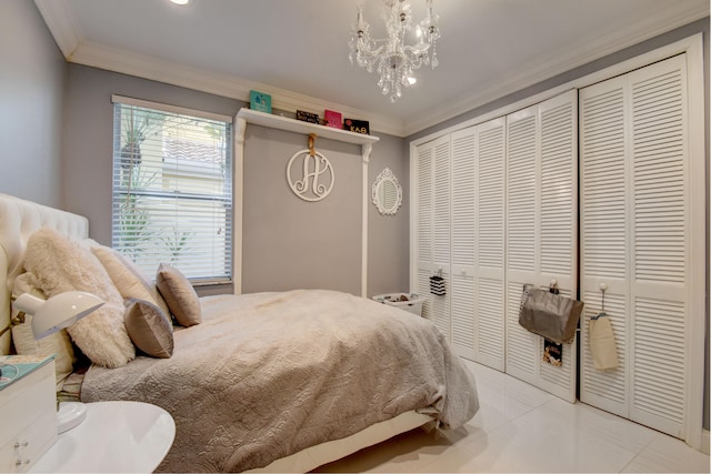 tiled bedroom with ornamental molding and a chandelier