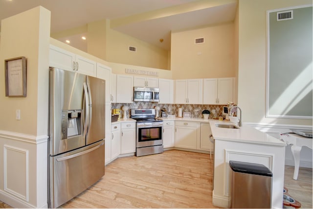 kitchen featuring sink, appliances with stainless steel finishes, light wood-type flooring, and tasteful backsplash