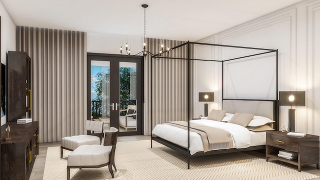 bedroom featuring french doors, access to outside, a notable chandelier, and light hardwood / wood-style flooring