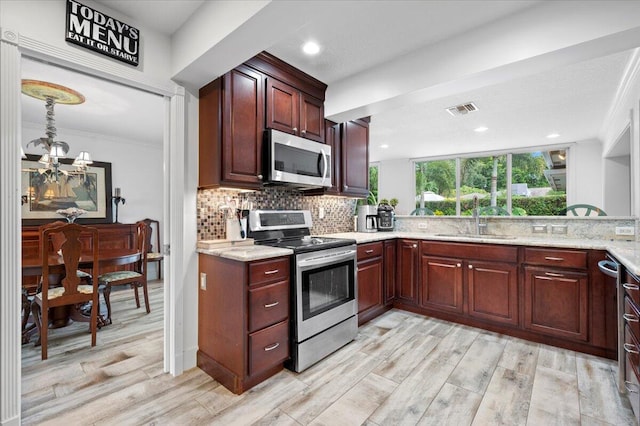 kitchen with appliances with stainless steel finishes, sink, backsplash, light wood-type flooring, and a chandelier