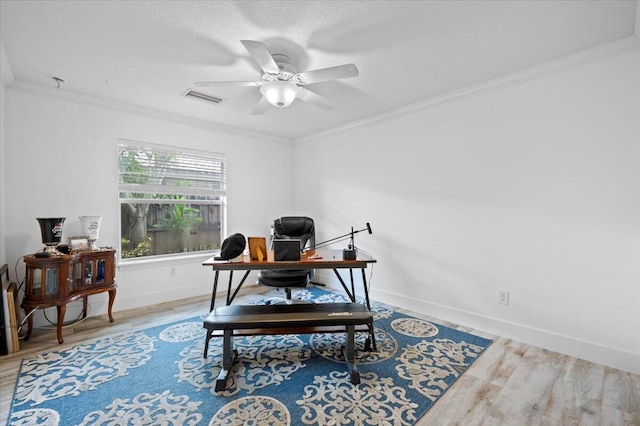 office featuring light hardwood / wood-style flooring, crown molding, and ceiling fan