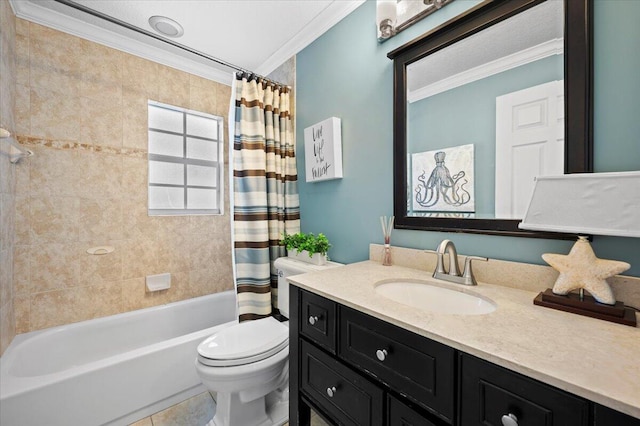 full bathroom with toilet, vanity, shower / bath combo with shower curtain, tile patterned floors, and ornamental molding