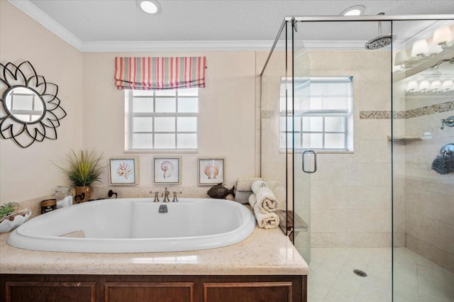 bathroom featuring plus walk in shower and crown molding