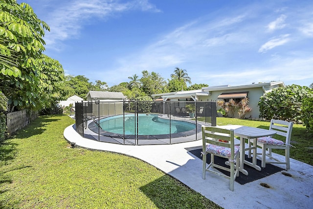 view of pool featuring a lawn, a patio area, a fenced backyard, and a fenced in pool