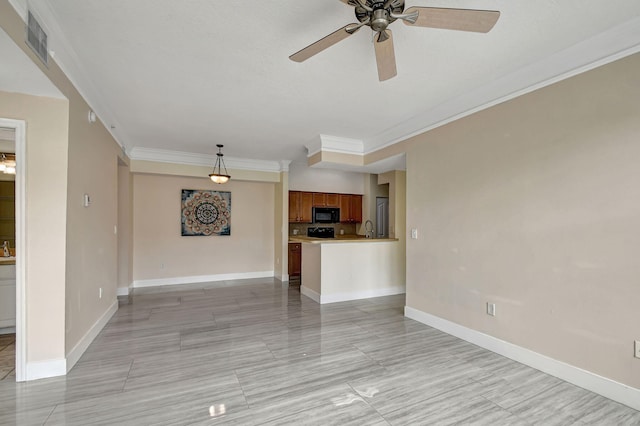 unfurnished living room featuring ceiling fan, sink, crown molding, and light tile patterned flooring